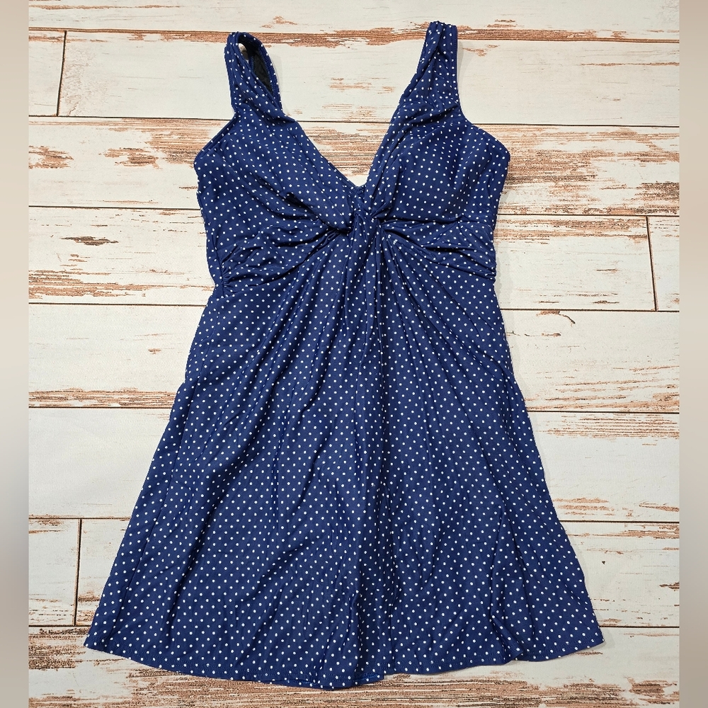 Miraclesuit Navy Polka Dot Twist-Front Mini Dress Bathing Swimsuit Size L